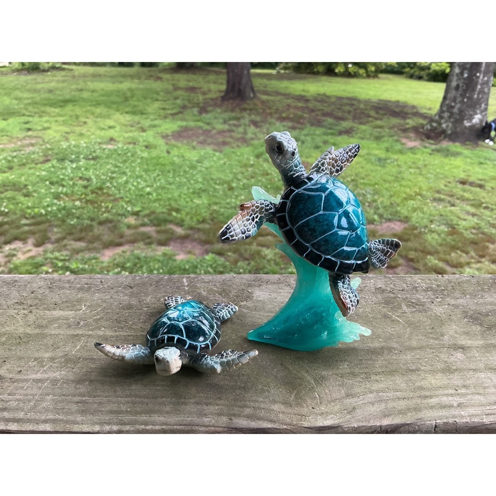 Sea Turtle Figurine Set Teal Turquoise Resin Ocean Wave Decor 2 Piece Coastal - Picture 6 of 10